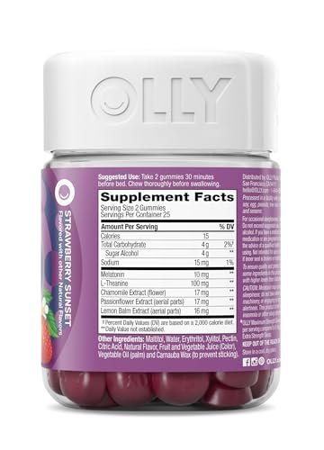 OLLY Max Strength Schlafgummi, 10 mg Melatonin, L-Theanin, Kamille, Zitronenmelisse, Zuckerfrei, Vegetarisches Schlafmittel, Erdbeere - 50 Stück