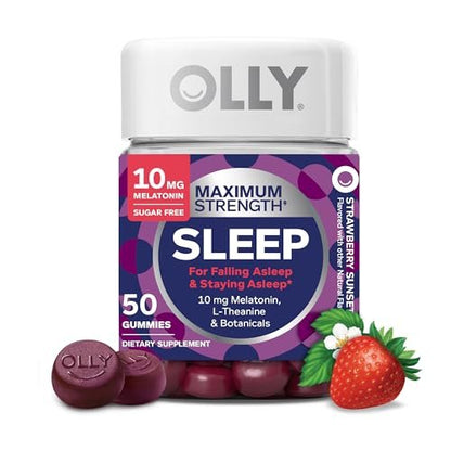 OLLY Max Strength Schlafgummi, 10 mg Melatonin, L-Theanin, Kamille, Zitronenmelisse, Zuckerfrei, Vegetarisches Schlafmittel, Erdbeere - 50 Stück