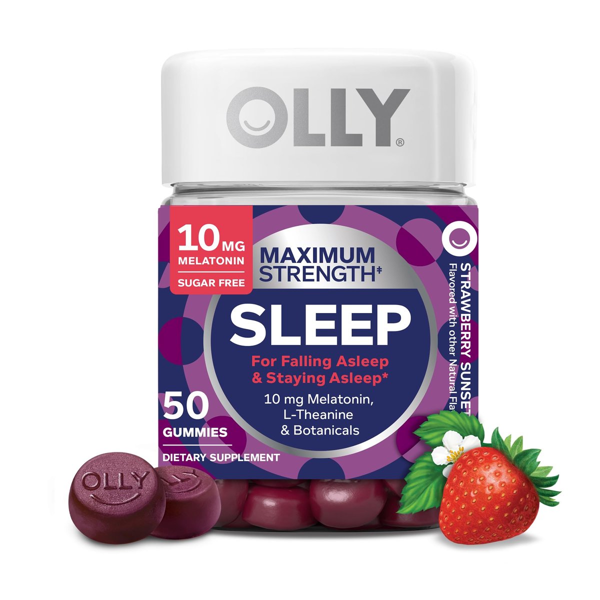 OLLY Max Strength Schlafgummi, 10 mg Melatonin, L-Theanin, Kamille, Zitronenmelisse, Zuckerfrei, Vegetarisches Schlafmittel, Erdbeere - 50 Stück