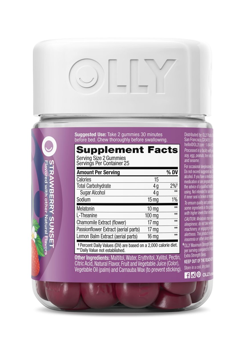OLLY Max Strength Schlafgummi, 10 mg Melatonin, L-Theanin, Kamille, Zitronenmelisse, Zuckerfrei, Vegetarisches Schlafmittel, Erdbeere - 50 Stück