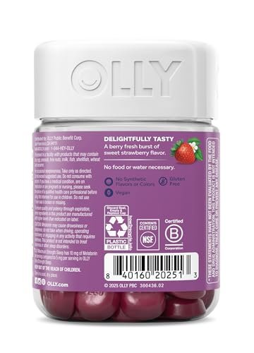 OLLY Max Strength Schlafgummi, 10 mg Melatonin, L-Theanin, Kamille, Zitronenmelisse, Zuckerfrei, Vegetarisches Schlafmittel, Erdbeere - 50 Stück