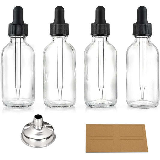 4er-Pack 2 oz Klare Tropfflaschen aus Glas mit 1 Edelstahltrichter und 4 Etiketten – Schwarze Kappen 60ml dicke Glas-Tinkturflaschen – Auslaufsichere ätherische Ölflaschen für Gesundheit, Körperpflege & Schönheit