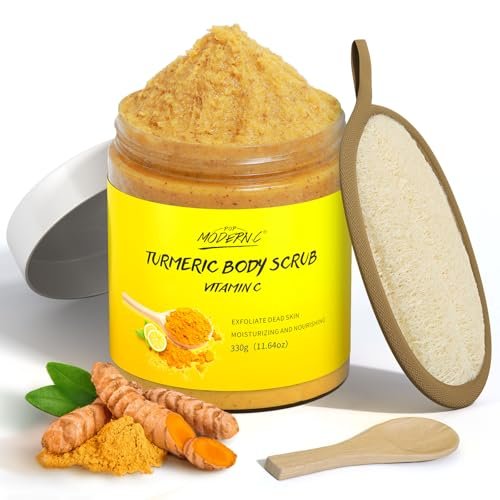 POP MODERN.C Kurkuma & Vitamin C Körperpeeling – Toten Haut entfernen, dunkle Flecken verbessern, Akne, natürliches Bio-Peeling, Tiefenreinigung für Körper, Po, Bikinizone, mit Luffa