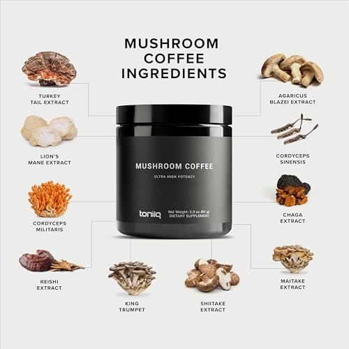 Toniiq Pilz-Kaffee – Funktionaler Kaffee mit 10-Pilz-Vollspektrum-Mischung – Echter Arabica-Instantkaffee – In Nordamerika angebaute Pilze – Drittanbieter-getestet