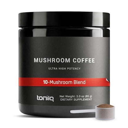Toniiq Pilz-Kaffee – Funktionaler Kaffee mit 10-Pilz-Vollspektrum-Mischung – Echter Arabica-Instantkaffee – In Nordamerika angebaute Pilze – Drittanbieter-getestet