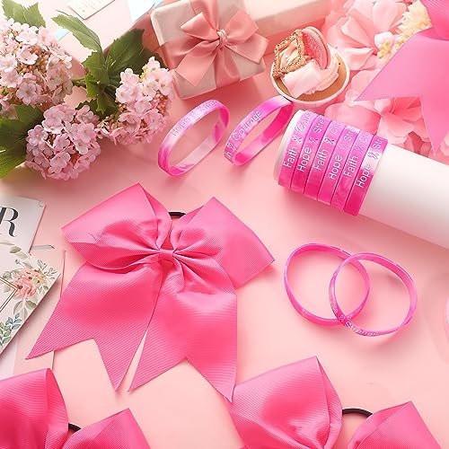 Retrowavy 60-teiliges Set Brustkrebs-Bewusstseins-Schleifen-Haarschleifen und Armbänder – 30 rosa Cheerleading-Haarschleifen mit elastischen Bändern und 30 rosa Brustkrebs-Silikon-Armbänder