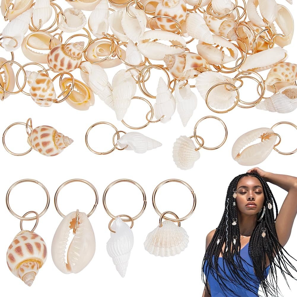 PLIGREAT 60 Stück Muschel Conch Dreadlock Ringe, Vintage Haar Ornamente für Sommer Beach Style, Dreadlock Zubehör für Frauen und Männer