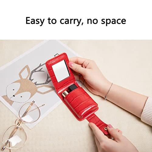 PU-Leder Lippenstift Etui mit Spiegel – Tragbare Make-up Tasche für Reisen, passend für 3 Lippenstifte – 9,5 x 7 x 3 cm (Rot)