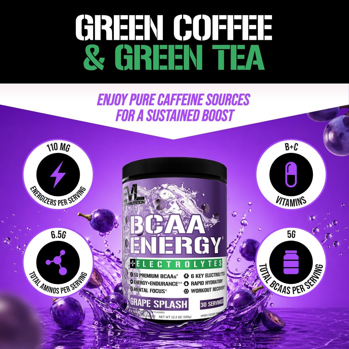 EVL BCAAs Aminosäuren Pulver - BCAA Energie Pre Workout Pulver für Muskelregeneration, schlanken Muskelaufbau und Ausdauer - Erfrischendes Post Workout Getränk mit 6 wichtigen Elektrolyten - Grape Splash, 30 Portionen