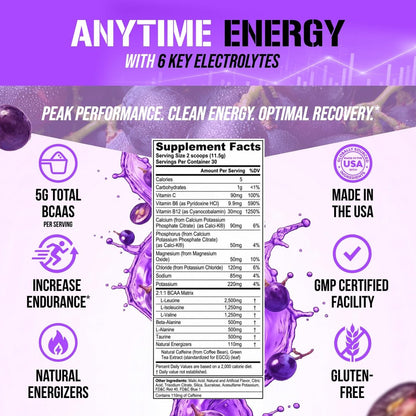 EVL BCAAs Aminosäuren Pulver - BCAA Energie Pre Workout Pulver für Muskelregeneration, schlanken Muskelaufbau und Ausdauer - Erfrischendes Post Workout Getränk mit 6 wichtigen Elektrolyten - Grape Splash, 30 Portionen