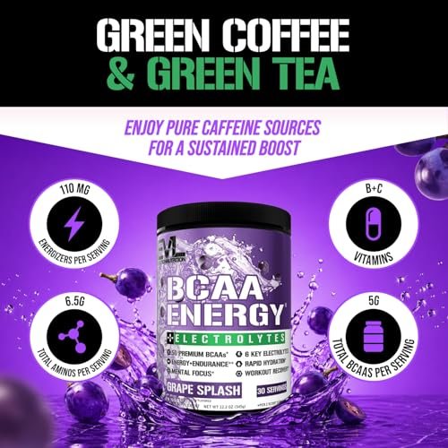 EVL BCAAs Aminosäuren Pulver - BCAA Energie Pre Workout Pulver für Muskelregeneration, schlanken Muskelaufbau und Ausdauer - Erfrischendes Post Workout Getränk mit 6 wichtigen Elektrolyten - Grape Splash, 30 Portionen