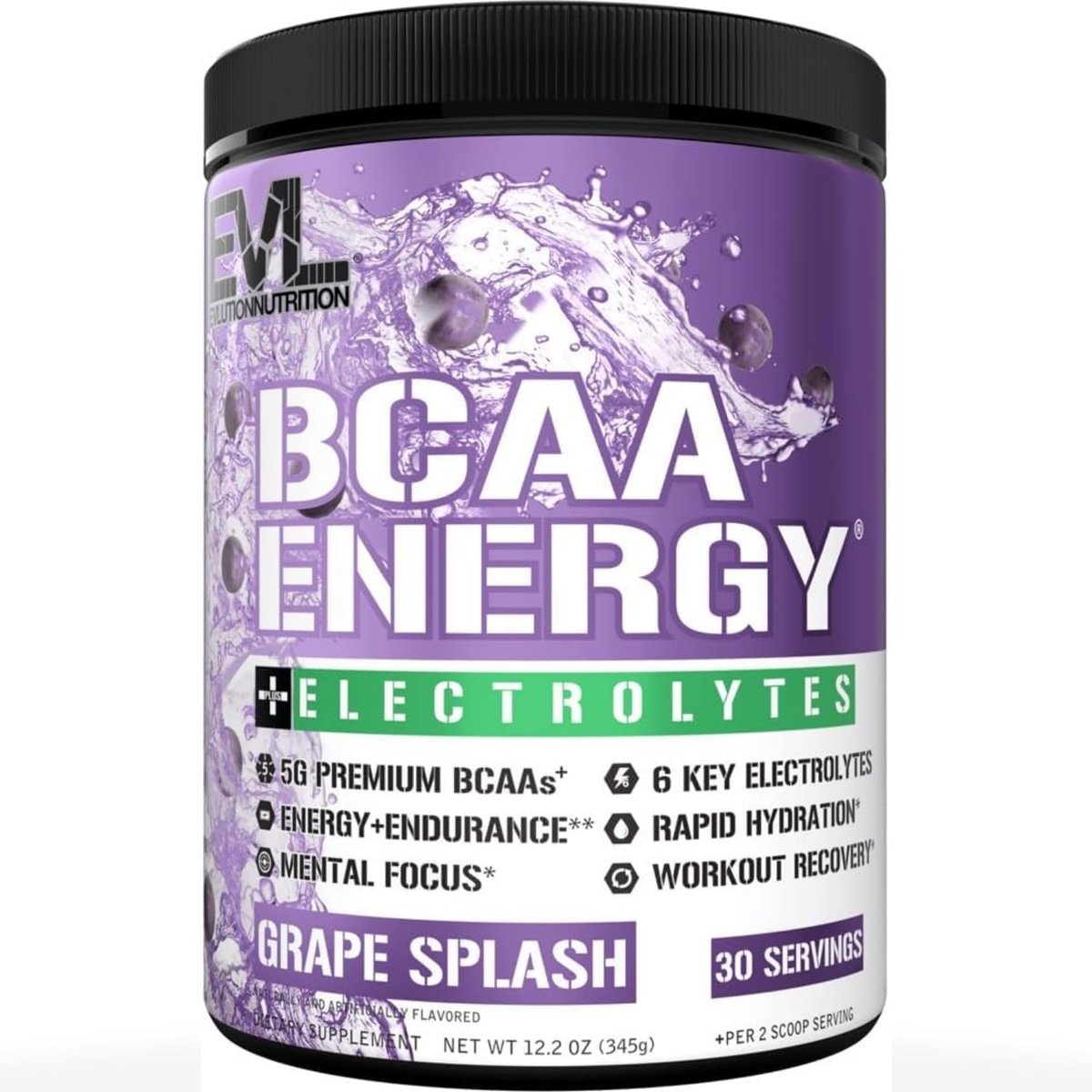 EVL BCAAs Aminosäuren Pulver - BCAA Energie Pre Workout Pulver für Muskelregeneration, schlanken Muskelaufbau und Ausdauer - Erfrischendes Post Workout Getränk mit 6 wichtigen Elektrolyten - Grape Splash, 30 Portionen