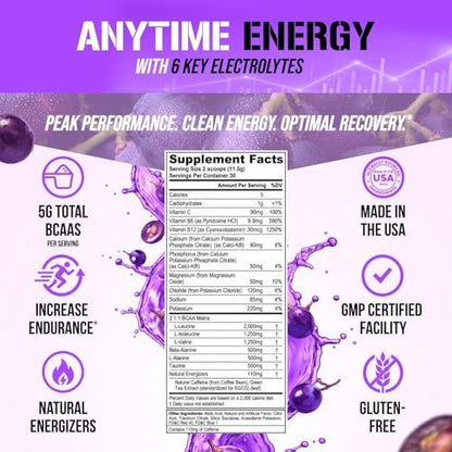 EVL BCAAs Aminosäuren Pulver - BCAA Energie Pre Workout Pulver für Muskelregeneration, schlanken Muskelaufbau und Ausdauer - Erfrischendes Post Workout Getränk mit 6 wichtigen Elektrolyten - Grape Splash, 30 Portionen