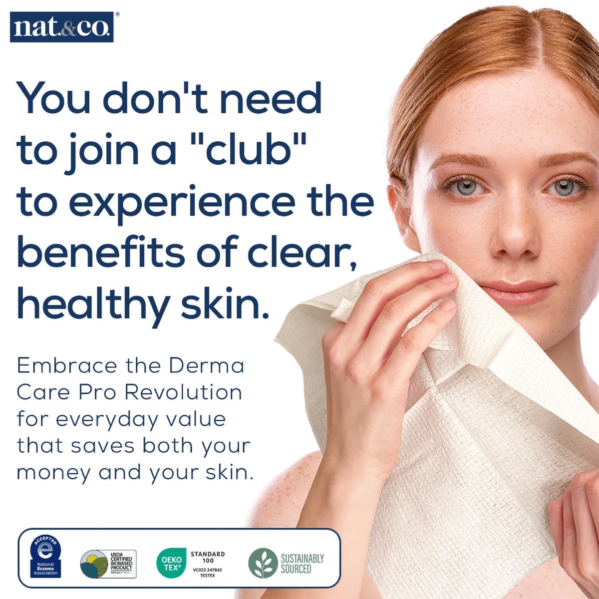 Nat.&Co. Derma Care Pro 100 % USDA zertifizierte biobasierte Materialien – Professionelle extragroße Gesichtstücher, Make-up-Entferner, Reinigungstücher für empfindliche und saubere Haut – 50 Stück
