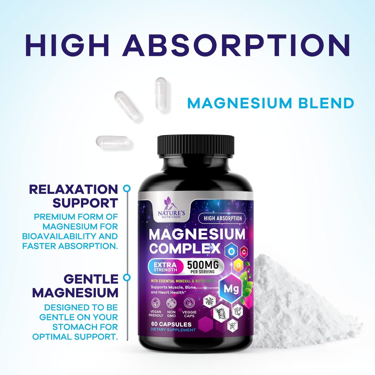 Magnesium Komplex Supplement – 500 mg pro Portion – 4-in-1 Hochdosiertes Chelat-Magnesium mit Glycinat, Malat, Citrat & Oxid – Vegane Kapseln – Hergestellt in den USA – 60 Kapseln