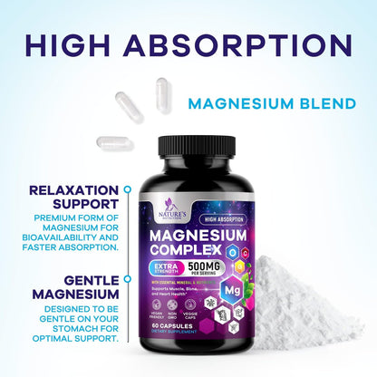 Magnesium Komplex Supplement – 500 mg pro Portion – 4-in-1 Hochdosiertes Chelat-Magnesium mit Glycinat, Malat, Citrat & Oxid – Vegane Kapseln – Hergestellt in den USA – 60 Kapseln