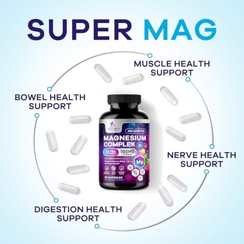 Magnesium Komplex Supplement – 500 mg pro Portion – 4-in-1 Hochdosiertes Chelat-Magnesium mit Glycinat, Malat, Citrat & Oxid – Vegane Kapseln – Hergestellt in den USA – 60 Kapseln
