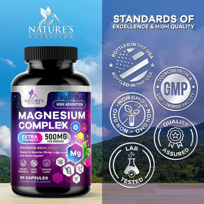 Magnesium Komplex Supplement – 500 mg pro Portion – 4-in-1 Hochdosiertes Chelat-Magnesium mit Glycinat, Malat, Citrat & Oxid – Vegane Kapseln – Hergestellt in den USA – 60 Kapseln