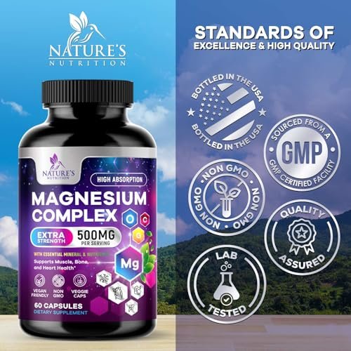 Magnesium Komplex Supplement – 500 mg pro Portion – 4-in-1 Hochdosiertes Chelat-Magnesium mit Glycinat, Malat, Citrat & Oxid – Vegane Kapseln – Hergestellt in den USA – 60 Kapseln