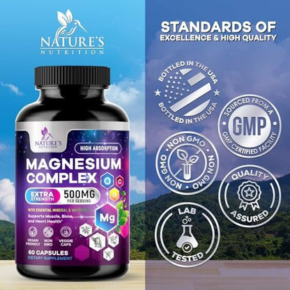 Magnesium Komplex Supplement – 500 mg pro Portion – 4-in-1 Hochdosiertes Chelat-Magnesium mit Glycinat, Malat, Citrat & Oxid – Vegane Kapseln – Hergestellt in den USA – 60 Kapseln