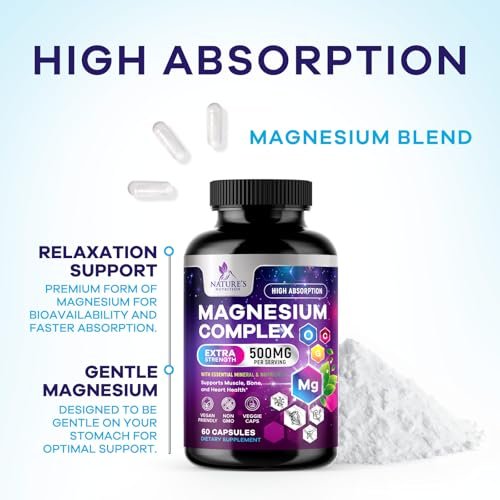 Magnesium Komplex Supplement – 500 mg pro Portion – 4-in-1 Hochdosiertes Chelat-Magnesium mit Glycinat, Malat, Citrat & Oxid – Vegane Kapseln – Hergestellt in den USA – 60 Kapseln