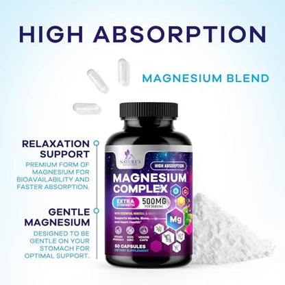 Magnesium Komplex Supplement – 500 mg pro Portion – 4-in-1 Hochdosiertes Chelat-Magnesium mit Glycinat, Malat, Citrat & Oxid – Vegane Kapseln – Hergestellt in den USA – 60 Kapseln