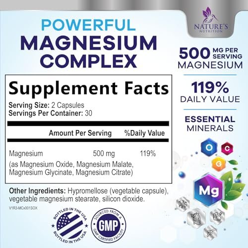 Magnesium Komplex Supplement – 500 mg pro Portion – 4-in-1 Hochdosiertes Chelat-Magnesium mit Glycinat, Malat, Citrat & Oxid – Vegane Kapseln – Hergestellt in den USA – 60 Kapseln
