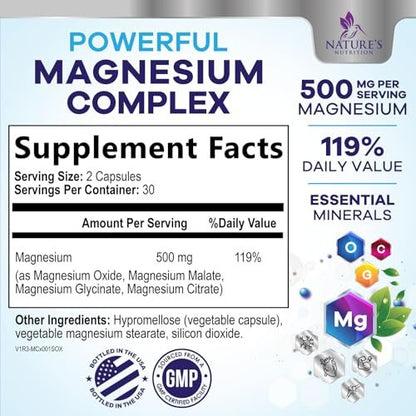 Magnesium Komplex Supplement – 500 mg pro Portion – 4-in-1 Hochdosiertes Chelat-Magnesium mit Glycinat, Malat, Citrat & Oxid – Vegane Kapseln – Hergestellt in den USA – 60 Kapseln
