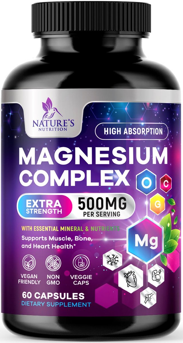 Magnesium Komplex Supplement – 500 mg pro Portion – 4-in-1 Hochdosiertes Chelat-Magnesium mit Glycinat, Malat, Citrat & Oxid – Vegane Kapseln – Hergestellt in den USA – 60 Kapseln
