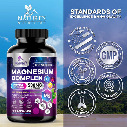 Magnesium Komplex Supplement – 500 mg Magnesium pro Portion – 4-in-1 Hochabsorbierender Blend – 100% cheliertes Magnesiumglycinat mit Malat, Citrat & Oxid – Vegan – In den USA abgefüllt – 120 Kapseln