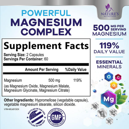 Magnesium Komplex Supplement – 500 mg Magnesium pro Portion – 4-in-1 Hochabsorbierender Blend – 100% cheliertes Magnesiumglycinat mit Malat, Citrat & Oxid – Vegan – In den USA abgefüllt – 120 Kapseln