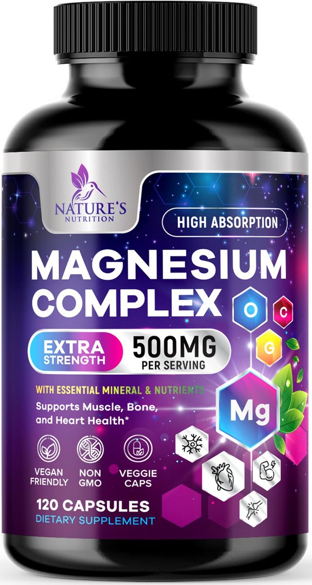 Magnesium Komplex Supplement – 500 mg Magnesium pro Portion – 4-in-1 Hochabsorbierender Blend – 100% cheliertes Magnesiumglycinat mit Malat, Citrat & Oxid – Vegan – In den USA abgefüllt – 120 Kapseln