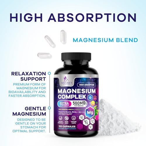 Magnesium Komplex Supplement – 500 mg Magnesium pro Portion – 4-in-1 Hochabsorbierender Blend – 100% cheliertes Magnesiumglycinat mit Malat, Citrat & Oxid – Vegan – In den USA abgefüllt – 120 Kapseln