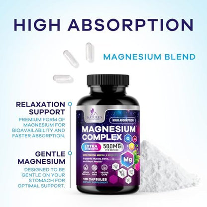 Magnesium Komplex Supplement – 500 mg Magnesium pro Portion – 4-in-1 Hochabsorbierender Blend – 100% cheliertes Magnesiumglycinat mit Malat, Citrat & Oxid – Vegan – In den USA abgefüllt – 120 Kapseln