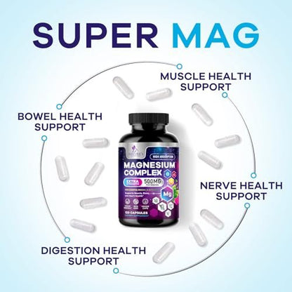 Magnesium Komplex Supplement – 500 mg Magnesium pro Portion – 4-in-1 Hochabsorbierender Blend – 100% cheliertes Magnesiumglycinat mit Malat, Citrat & Oxid – Vegan – In den USA abgefüllt – 120 Kapseln