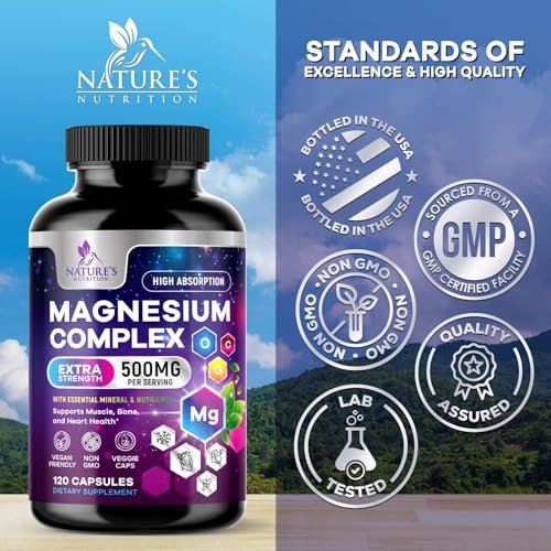 Magnesium Komplex Supplement – 500 mg Magnesium pro Portion – 4-in-1 Hochabsorbierender Blend – 100% cheliertes Magnesiumglycinat mit Malat, Citrat & Oxid – Vegan – In den USA abgefüllt – 120 Kapseln