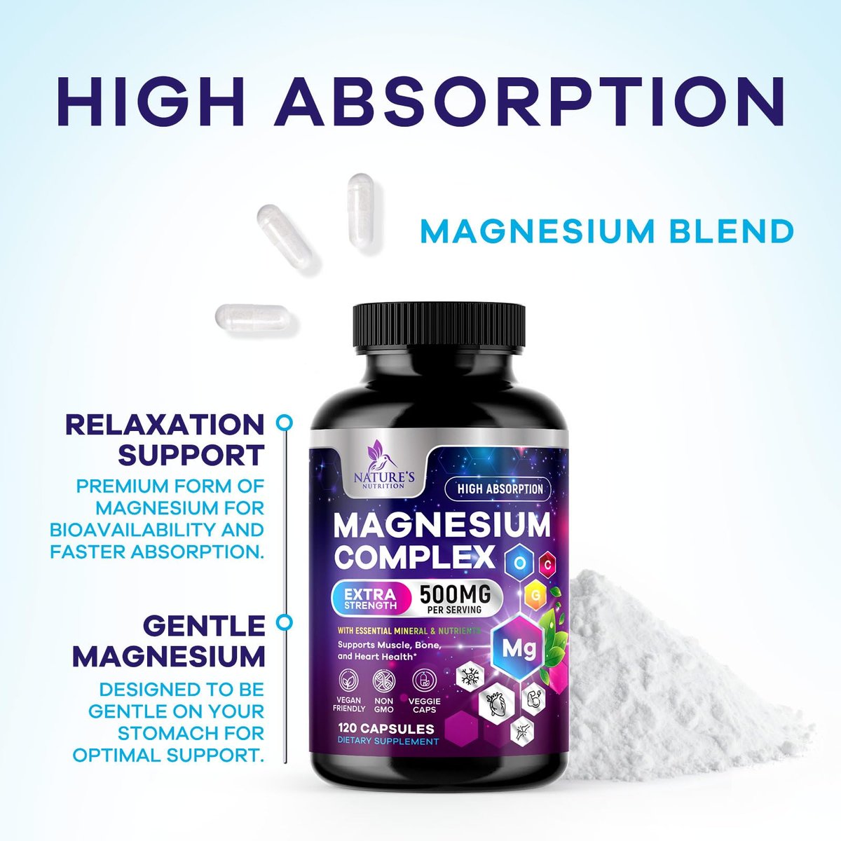 Magnesium Komplex Supplement – 500 mg Magnesium pro Portion – 4-in-1 Hochabsorbierender Blend – 100% cheliertes Magnesiumglycinat mit Malat, Citrat & Oxid – Vegan – In den USA abgefüllt – 120 Kapseln