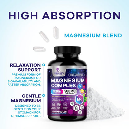 Magnesium Komplex Supplement – 500 mg Magnesium pro Portion – 4-in-1 Hochabsorbierender Blend – 100% cheliertes Magnesiumglycinat mit Malat, Citrat & Oxid – Vegan – In den USA abgefüllt – 120 Kapseln