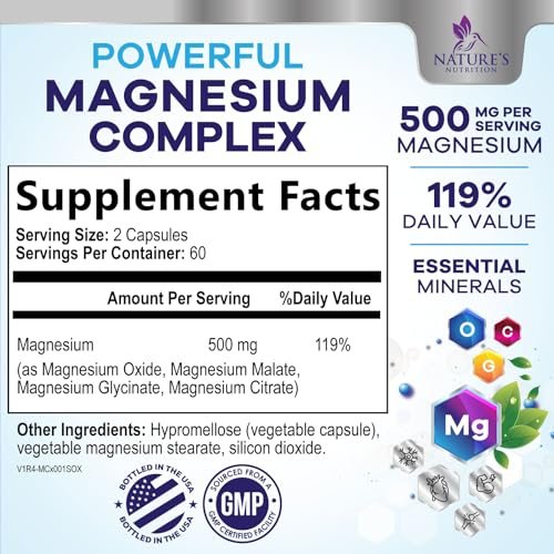 Magnesium Komplex Supplement – 500 mg Magnesium pro Portion – 4-in-1 Hochabsorbierender Blend – 100% cheliertes Magnesiumglycinat mit Malat, Citrat & Oxid – Vegan – In den USA abgefüllt – 120 Kapseln