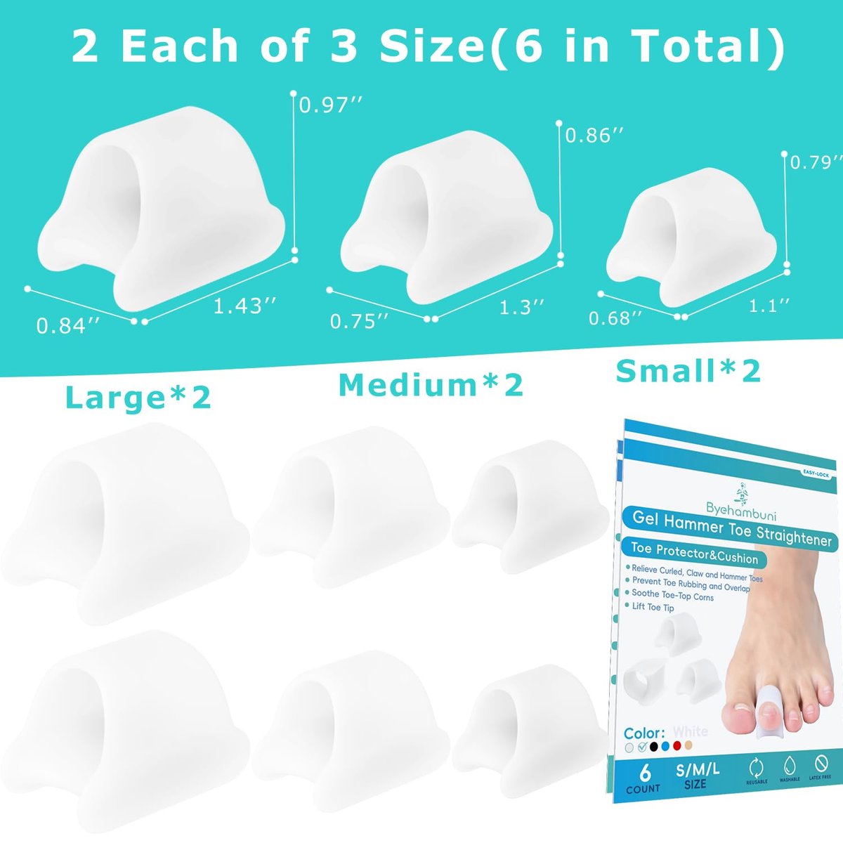 Byehambuni Hammer Toe Straightener, 6er-Pack Zehenkorrektor für Frauen, Gel-Zehenstrecker für gekrümmte, schiefe, gebogene, Krallen- und Hammerzehen für Damen und Herren, 3 verschiedene Größen (Weiß)