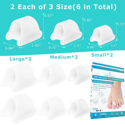 Byehambuni Hammer Toe Straightener, 6er-Pack Zehenkorrektor für Frauen, Gel-Zehenstrecker für gekrümmte, schiefe, gebogene, Krallen- und Hammerzehen für Damen und Herren, 3 verschiedene Größen (Weiß)