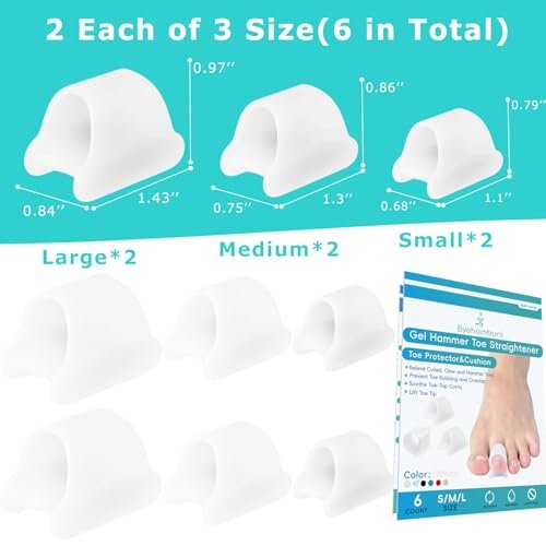 Byehambuni Hammer Toe Straightener, 6er-Pack Zehenkorrektor für Frauen, Gel-Zehenstrecker für gekrümmte, schiefe, gebogene, Krallen- und Hammerzehen für Damen und Herren, 3 verschiedene Größen (Weiß)