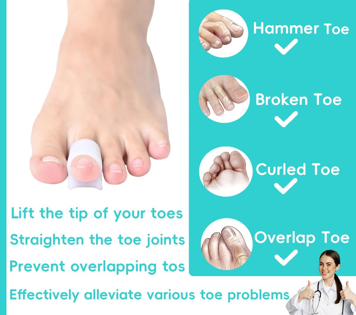 Byehambuni Hammer Toe Straightener, 6er-Pack Zehenkorrektor für Frauen, Gel-Zehenstrecker für gekrümmte, schiefe, gebogene, Krallen- und Hammerzehen für Damen und Herren, 3 verschiedene Größen (Weiß)