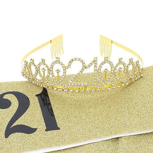 CURASA Gold Finally 21 Geburtstagskrone und Schärpen-Set für Frauen – 21. Geburtstag Tiara und Schärpe mit Strasssteinen, Geschenk für sie, Dekoration