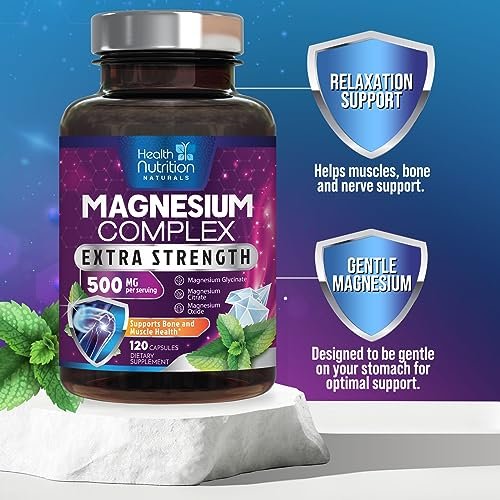 Magnesium Komplex 500mg pro Portion – Hochdosierte Magnesium-Kapseln mit maximaler Absorption für Muskel-, Nerven-, Knochen- und Herzgesundheit, Citrat-Komplex, glutenfrei, nicht-GVO – 120 Kapseln