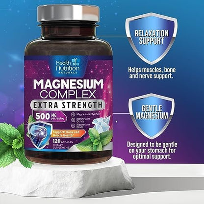 Magnesium Komplex 500mg pro Portion – Hochdosierte Magnesium-Kapseln mit maximaler Absorption für Muskel-, Nerven-, Knochen- und Herzgesundheit, Citrat-Komplex, glutenfrei, nicht-GVO – 120 Kapseln