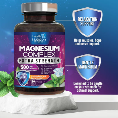 Magnesium Komplex 500mg pro Portion – Hochdosierte Magnesium-Kapseln mit maximaler Absorption für Muskel-, Nerven-, Knochen- und Herzgesundheit, Citrat-Komplex, glutenfrei, nicht-GVO – 120 Kapseln