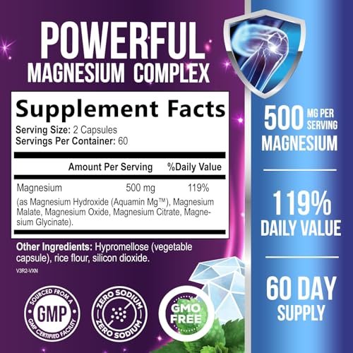 Magnesium Komplex 500mg pro Portion – Hochdosierte Magnesium-Kapseln mit maximaler Absorption für Muskel-, Nerven-, Knochen- und Herzgesundheit, Citrat-Komplex, glutenfrei, nicht-GVO – 120 Kapseln