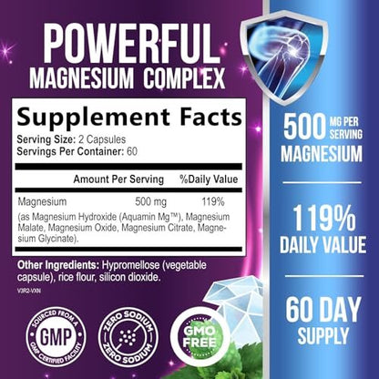 Magnesium Komplex 500mg pro Portion – Hochdosierte Magnesium-Kapseln mit maximaler Absorption für Muskel-, Nerven-, Knochen- und Herzgesundheit, Citrat-Komplex, glutenfrei, nicht-GVO – 120 Kapseln