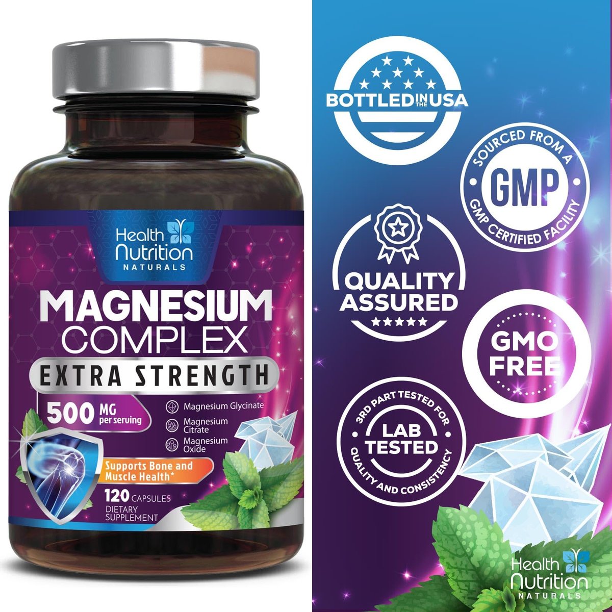 Magnesium Komplex 500mg pro Portion – Hochdosierte Magnesium-Kapseln mit maximaler Absorption für Muskel-, Nerven-, Knochen- und Herzgesundheit, Citrat-Komplex, glutenfrei, nicht-GVO – 120 Kapseln